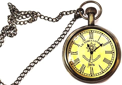 מאן דקור ויקטוריאני לונדון פליז עתיק שעון כיס חיוג צהוב שעון כיס עם שרשרת פליז ארוכה ותיבת עץ קשה ימי פריט מתנה