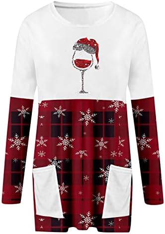 נשים חג המולד חולצות שמלה אדום יין זכוכית גרפי סוודר שמלת רופף בתוספת גודל חולצה חולצה עם כיסים