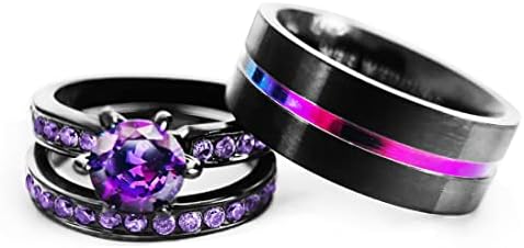טבעת נישואין סט שלה זוגות התאמת טבעות נשים 18 קראט זהב שחור מלא סגול סי. ז. חתונה אירוסין טבעת כלה