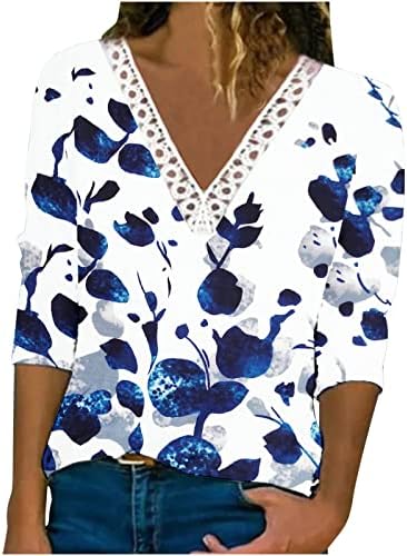 חולצת טי פרחונית מודפסת פרחונית נ 'נ' צוואר סרוגה תחרה צמרת חולצות 3/4 שרוולים מזדמנים 2023 חולצות קיץ