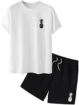 תלבושות של שני חלקים לגברים של שנה, הדפס אננס גרפי, חולצת טריקו של שרוול קצר ומכנסיים קצרים