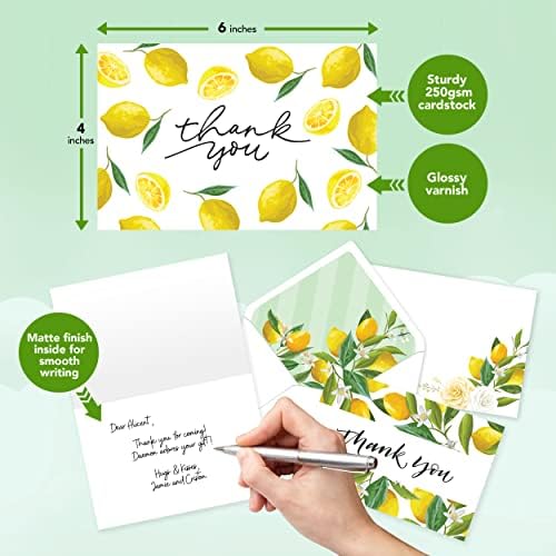 24 כרטיסי תודה לימון עם מעטפות-6 על 4 כרטיסי לימון, 6 עיצובים כרטיסי תודה בנושא לימון מקלחת כלה, כרטיסי
