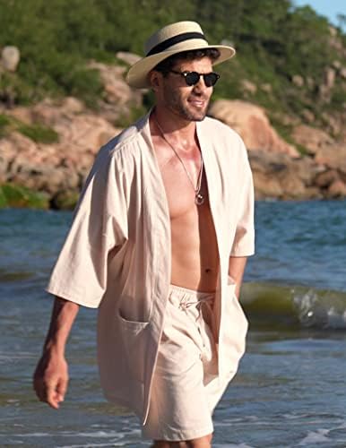 קופנדי גברים של פשתן סטי 2 חתיכה חוף חליפות פתוח קדמי קימונו קרדיגן מעיל עם סטים קצרים