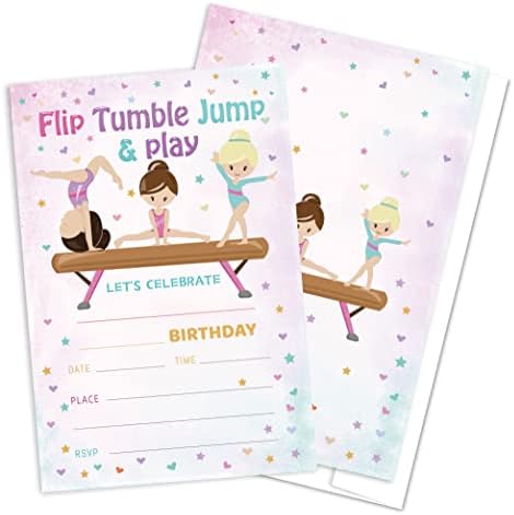 נושא ההתעמלות של Qofo נושא למסיבת יום הולדת הזמנות למסיבת יום הולדת של 20 עם מעטפות, קפיצה ומשחק של Flip Tumble,