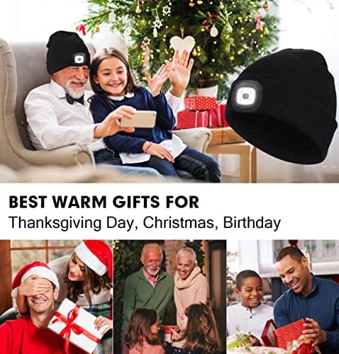 כובע כפה יוניסקס עם כפת פנס LED נטענת, מתנות לאב אבא גברים בעל כובע סרוג שחור שחור שחור