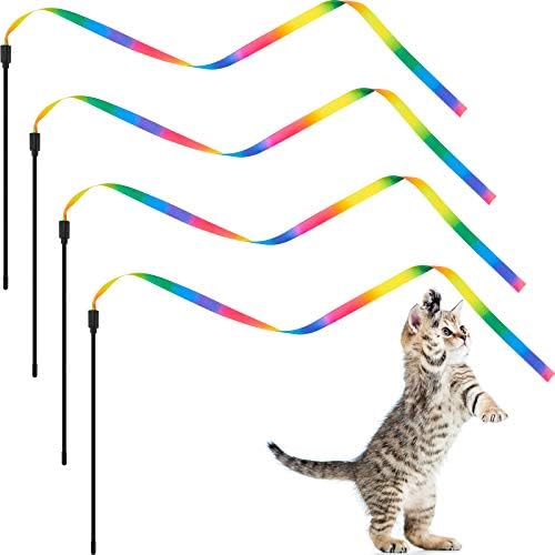 4 חתיכות קשת שרביט חתול מיתר שרביט אינטראקטיבי שרביט חתול מקל חתול צעצוע קסם סרט לחתול למתאמן אימוני חתולים
