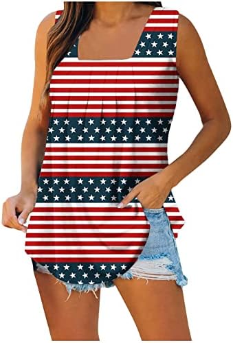 PIMOXV 4 ביולי יולי גופיות לנשים חולצת טריקו צוואר מרובע ללא שרוולים 3D דגל אמריקאי הדפס אפוד