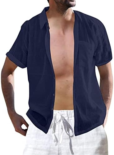 ZDDO כותנה פשתן כפתור מזדמן כפתור למטה חולצות לגברים, צווארון קיץ צווארון רגוע בכושר שרוול קצר חולצת חוף