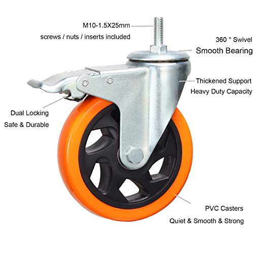 גלגלי גלגלי גזע כבדים M10-1.5x25 ממ נעילה כפולה ללא רעש PVC גלגלי גלגלים גזע הברגה חבילה של 4