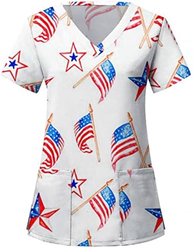 4 ביולי חולצות לנשים דגל אמריקאי קיץ חולצת צווארון שרוול קצר עם 2 כיסים חולצה למעלה בגדי עבודה