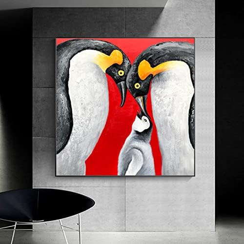 Shoujiqq ציור שמן שמן של חיות ביד - מופשט גדול פינגווין מרקם רקע מרובע ציור מודרני על בד לסלון יצירות אמנות תפאורה