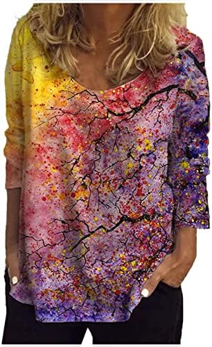 נשים צמרות שרוול ארוך אופנה חולצת טריקו של הדפס פרחוני מזדמן V צוואר חולצות התאמה רופפות 2023 טי