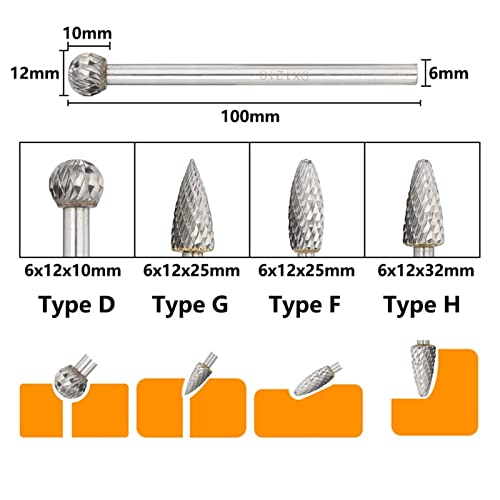 E G H M סוג Tungsten Carbide כלים סיבוביים שוחקים 6 ממ שקית כפול חתוך כפול סיבוב סיבוב לכלי יד