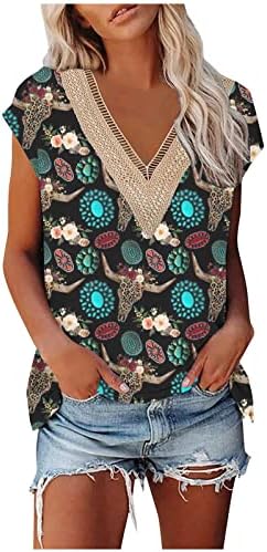 חולצת הטריקו האלגנטית של נשים תחרה עם צווארון קיץ טוניקה למעלה 2023 מזדמן שרוול קצר חולצה הדפס פרחוני