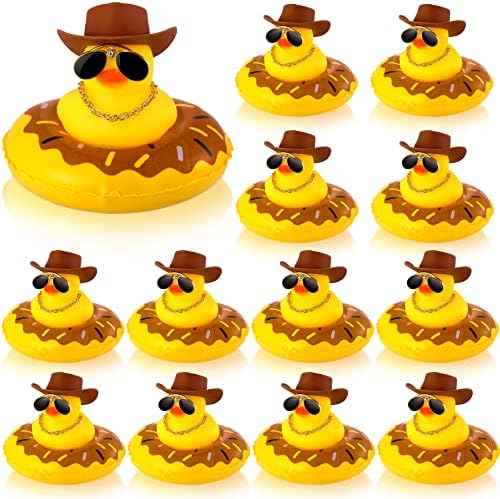12 יח 'קאובוי ברווז גומי מיני מכונית ברווזים צהובים צעצועים אמבטיה עם מיני כובע שחייה שרשרת משקפי