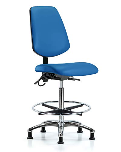 לבטק ישיבה סגן 41218 כיסא ספסל גבוה ויניל בסיס כרום גב בינוני, טבעת רגל כרום, מחליק אסד, כחול