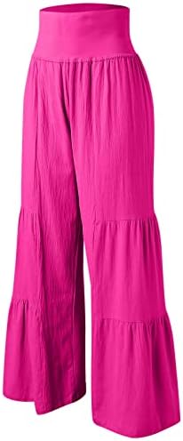 גבירותי צבע אחיד כיס מזדמן טלאי כותנה רופפת מכנסי רגל רחבים מכנסי נשים