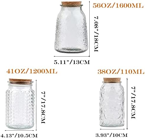 צנצנות זכוכית מיכל פיסקפיו עם מכסי פקק סט של 3 ב-38 אונקיות, 41 אונקיות ו-56 אונקיות, מיכלי זכוכית