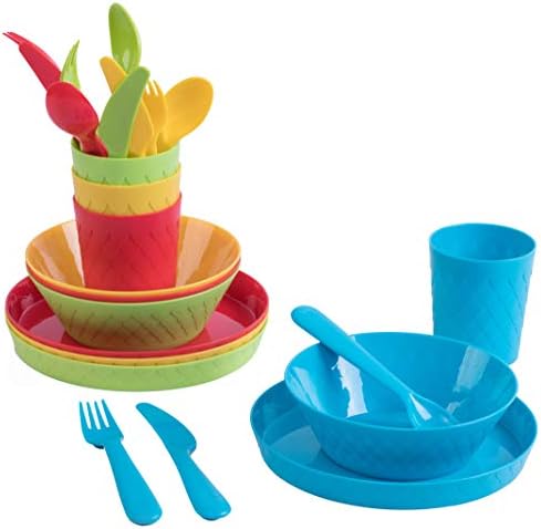 כלי אוכל עם 24 חלקים מגדירים 4 צלחות פלסטיק, 4 קערות, 4 כוסות, 4 מזלגות, 4 סכינים ו -4 כפות