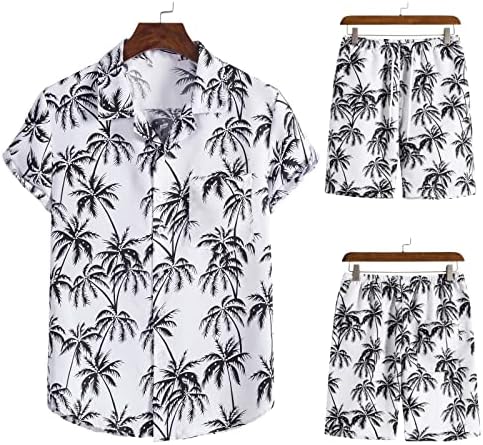 גברים כפתור פניות מזדמנים קרדיגן הוואי בסגנון הדפסת חולצה חוף שרוול קצר ומכנסיים קצרים מכנסיים לבנים