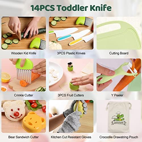 Suhctuptx 14 חתיכות מעץ סכין מטבח לילדים עם כפפות חיתוך קרש חיתוך פירות חותכי קמטים קמטים משוננים סכינים