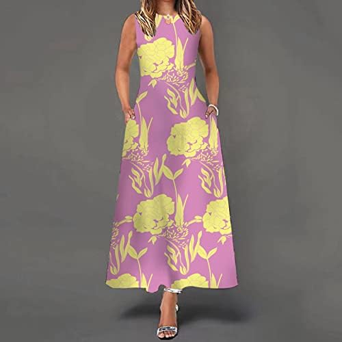 שימות השמש של IUHAN לנשים הדפס פרחוני מתנדנד רופף ארוך קאנפאן מקסי שמלת שמש שמלת שרוולים ללא