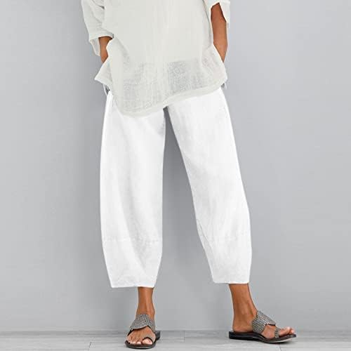 מכנסי קפריס בגודל Qwentmtnty Plus לנשים פשתן כותנה רגל רחבה קיץ מזדמן קיץ נוח מותניים גבוהים מכנסי יבול