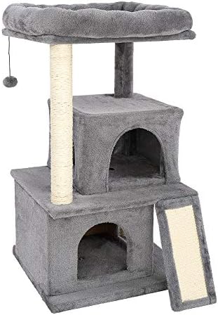 סוליב חתול עץ, 34 סנטימטרים רב-רמת חתול מגדל עם 2 דירות, מגרד הודעות ורמפה, רך קטיפה חתול בתי
