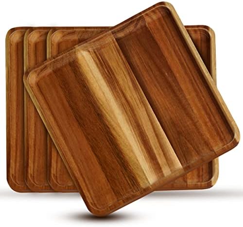 זזאזו מעצב צלחות ארוחת ערב מרובעות עץ מעץ - 10 אינץ 'גדול, סט של 4. צלחת עץ לארוחה, קינוח, צלחת מטען, שימוש במגש.