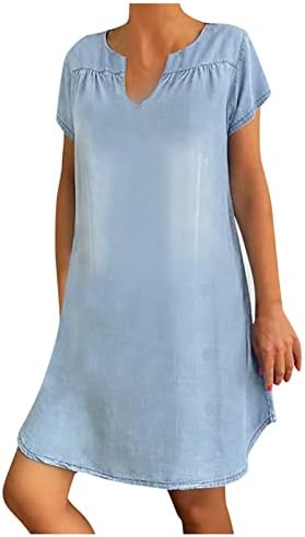 קיץ נשים ג 'ינס חולצה שמלות קצר שרוול צווארון ז' אן שמלה מוצק צבע פשוט שמלה מזדמן רופף טוניקת חולצה