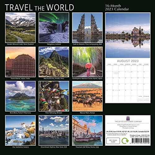 2023 לוח שנה קיר מרובע, נסיעות העולם, נושא אוסף דרכון בן 16 חודשים עם 180 מדבקות תזכורת