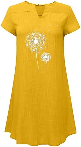 כותנה פשתן שמלה לנשים קצר שרוול רופף מתאים חולצה שמלות קיץ מזדמן בוהו פרחוני מודפס קצר מיני חוף שמלה