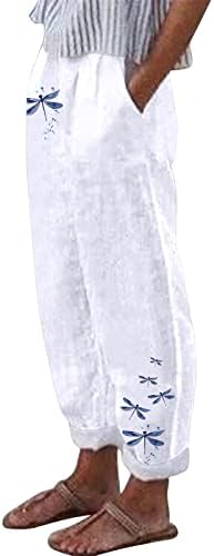 נשים של נמתח רחב רגל פאלאצו מכנסיים פרחוני הדפסת כותנה פשתן מזדמן רופף קיץ חוף מכנסיים עם כיסים