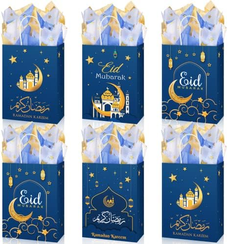 24 PCS שקית מתנה של EID עם נייר טישו תיקי ממתקים עם טישו עם תיק מתנה של MUBARAK GOOODIE תיק מתנה