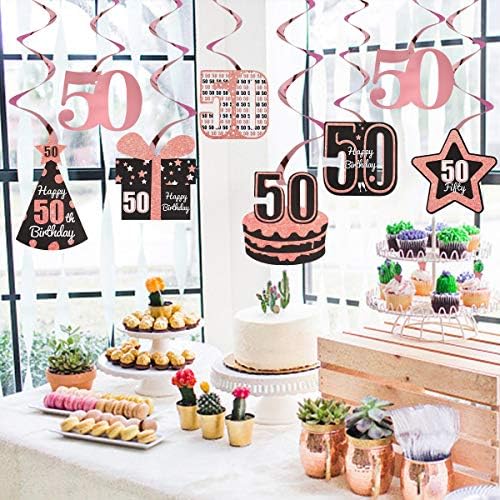 קישוטי יום הולדת 50 של אקסלון ורד לנשים - 8 יחידות נייר כסף 50 מערבולות תלויות - שמח 50 עוגת יום