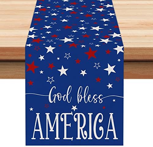 קישוטים 4 ביולי קישוטים כחולים כוכבים שולחן רץ 13x72 אינץ 'אמריקה אלוהים יברך שלט שלטים פטריוטיים עיצוב
