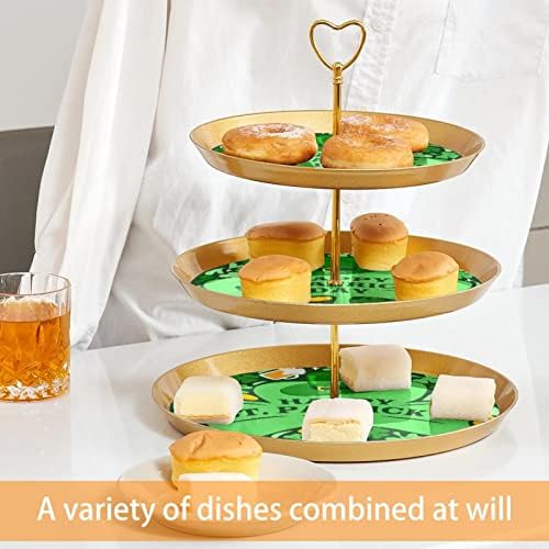 יום פטריק סנט פטריק ירוק שמרוק תלתן מחזיק עוגות למאפה, 3 עוגת זהב מפלסטיק שכבה לשולחן קינוח,