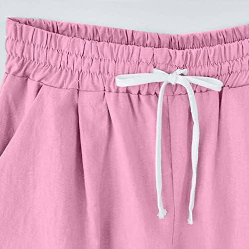 מכנסי פשתן כותנה לנשים 2023 קיץ מותניים אלסטיים נוח מכנסיים קצרים בכיס אורך ברמודה מכנסיים