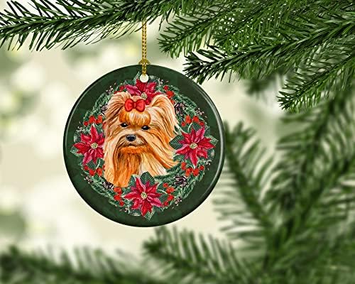 אוצרות קרוליין CK1551CO1 Yorkshire Terrier Poinsetta קישוט קרמיקה, קישוטים לעץ חג המולד לבית,
