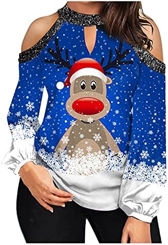 FMCHICO נשים מעל כתף חולצת חג המולד חולצת חג המולד סוודר חולצה ארוכי שרוול ארוך