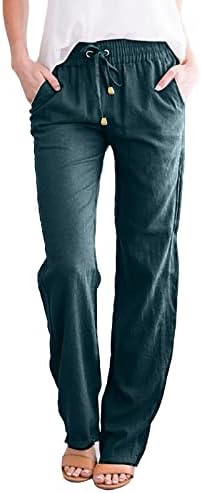 מכנסי פשתן נשים Kcjgikpok, מכנסי פשתן מותרים גבוהים ומוצקים ברגליים ישרות רופפות כותנה כותנה פשתן עם כיסים