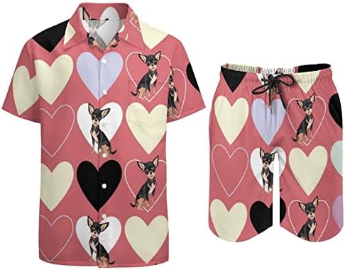 Weedkeycat chihuauhua לבבות צבעוניים תלבושות חוף לגברים 2 חלקים כפתור הוואי למטה חולצת שרוול קצר ומכנסי