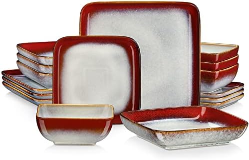 מערך ארוחת ערב אדום של Vancasso Stern- כלי שולחן ריחתיים ריגוליים- 16 חתיכות כלי אוכל מטבח סטונר כלי