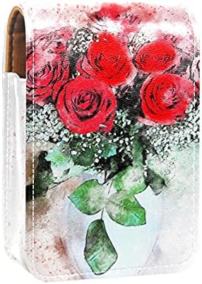 מיני שפתון מקרה עם מראה עבור ארנק, פרחי ורדים אגרטל זר אמנות נייד מקרה מחזיק ארגון