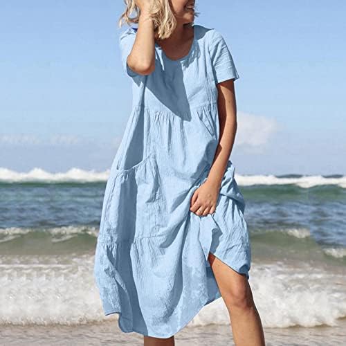 FQZWONG כותנה לנשים פשתן שמלת קיץ מזדמנים חופשת חוף חוף V צוואר שרוול קצר משוחרר שמלה בתוספת גודל