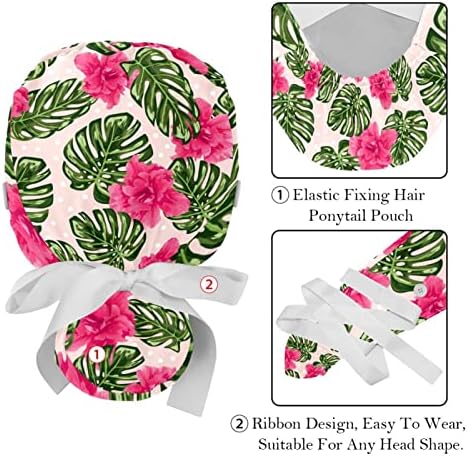 כובעים רפואיים לנשים עם כפתורים שיער ארוך, כובע עבודה מתכוונן 2 חלקים, פרח עלים פרחוני רב צבעוני