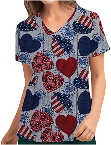 שרוול קצר צווארון עבודה משרד לשפשף אחיד למעלה חולצת טי לנשים יום העצמאות כוכב לב גרפי חולצה 6 מ