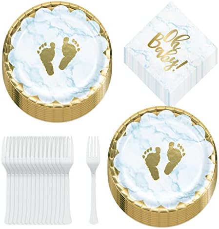 אוי תינוק ילד כחול שיש וטלביקות רגל זהב צלחות קינוח נייר, מפיות ארוחת צהריים ומזלגות