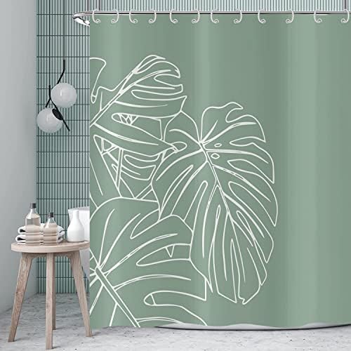 וילון מקלחת ירוק של טאנגס, עלי דקל טרופיים צמחי עלים ירוקים דפוס וילונות אמבטיה בוטניים בד אטום למים עם ווים לעיצוב