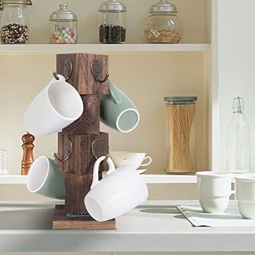 עץ בעל ספל קפה עם סיבוב של 360 מעלות, מעמד עץ ספל מעץ מלא כפרי עם 8 ווים, מחזיק כוס קפה לבית חווה לדלפק,